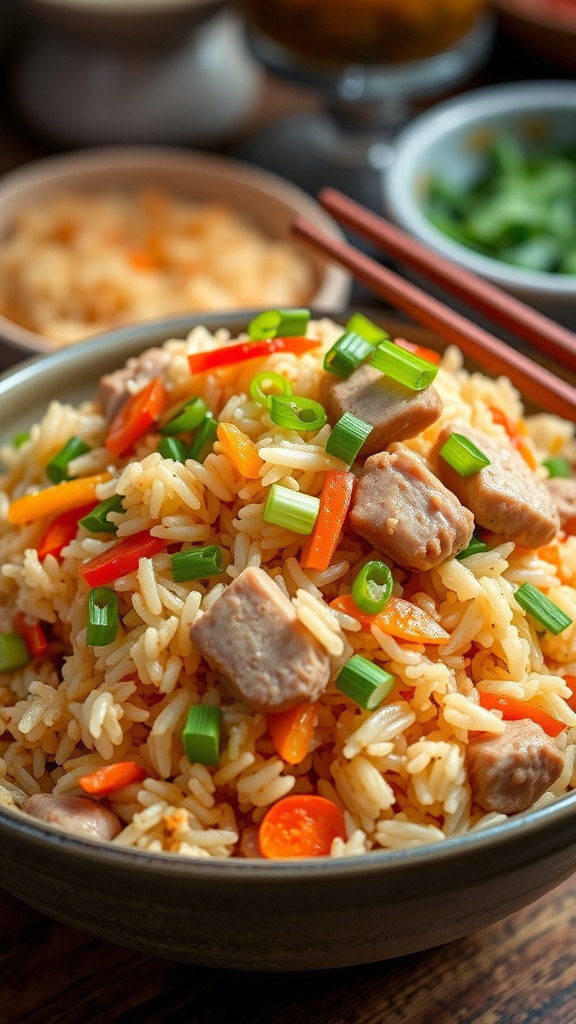 Quick and Easy Pork Fried Rice Recipe A bowl of pork fried rice with vegetables and green onions, served with chopsticks in a cozy kitchen.